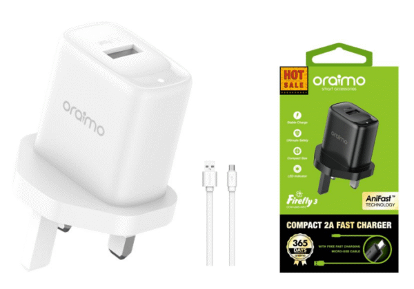 Oraimo Compact 2A Fast Charger with AniFast™ Technology and Cable - Image 3